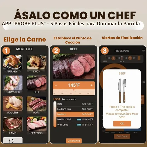 Vista 5 de Termómetro Inalámbrico para Carne con Alertas en Tiempo Real - Sonda Bluetooth Inteligente para Barbacoa, Parrilla, Horno, Ahumador - Bluetooth