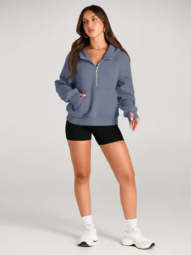 Vista 4 de AUTOMET Sudaderas con capucha para mujer, con media cremallera, chaquetas de vellón, tops de gran tamaño, trajes de otoño, ropa de moda de invierno