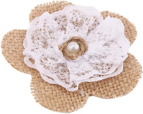 Vista 2 de DECORA 12 rosas de encaje de arpillera hechas a mano con perla para decoración de bodas y manualidades