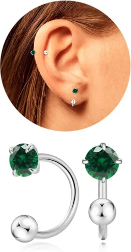 Vista 29 de Pequeños aretes de piedra natal natural de 0.118 pulgadas para mujeres, adolescentes y niñas, pequeños aretes de medio aro para cartílago