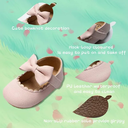 Vista 5 de Meckior - Zapatos bajos y livianos para bebés estilo Mary Jane con suela suave y lazo decorativo para vestidos de princesa o bodas para niñas que