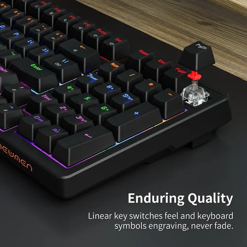 Vista 4 de Newmen GM328 - Teclado mecánico para juegos, 18 efectos retroiluminados LED, 100 teclas, teclado mecánico con cable con interruptor rojo lineal