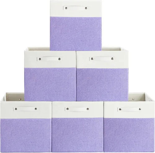 Vista 16 de FinishingBo Contenedores de almacenamiento de lino fino de 13 x 13 pulgadas con asas, cajas de cubo de tela, organizadores de cestas para estantes