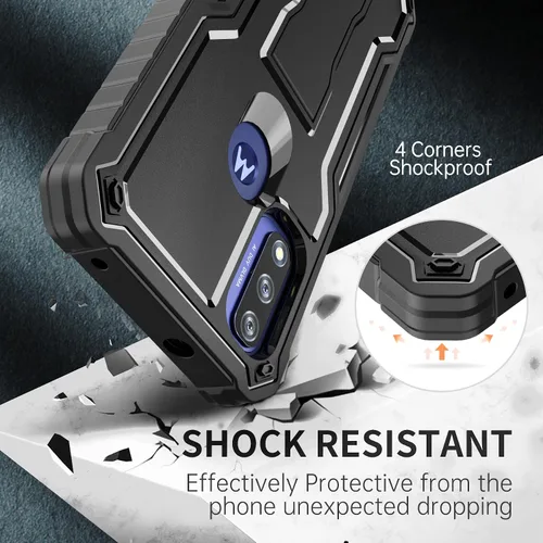 Vista 5 de FITO Funda para Moto G Pure, funda resistente a prueba de golpes de doble capa con un protector de pantalla de vidrio, soporte integrado (negro)
