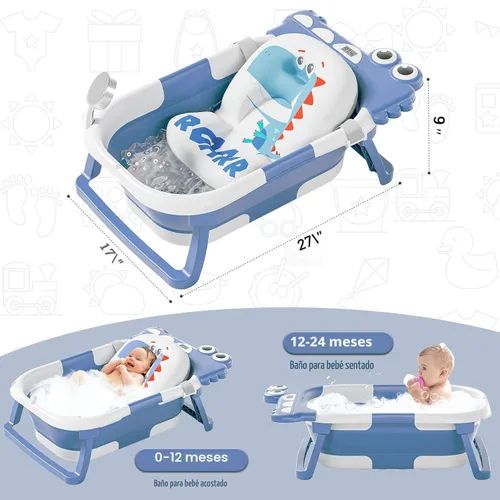 Vista 2 de MoreFeel Bañera plegable para bebé recién nacido con termómetro y 1 toalla con capucha y 1 cojín flotante suave, bañera de viaje portátil