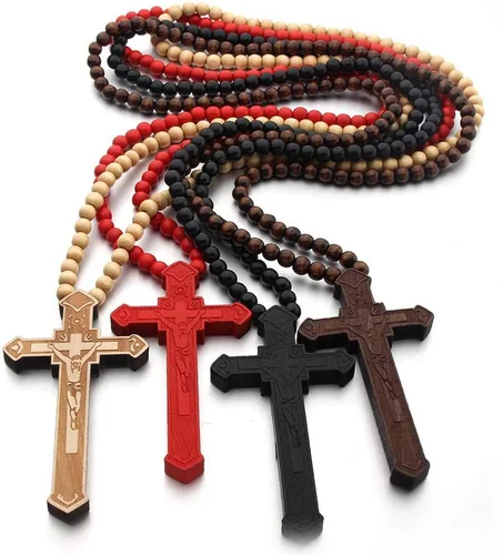 Vista 5 de COLORFUL BLING Cadenas de cuentas de madera natural, collares con colgante de cruz para hombres y mujeres, cristiano, religioso, católico, crucifijo