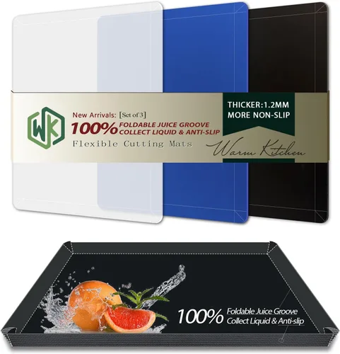 Vista 13 de WK Juego de 3 tapetes/tablas de cortar de plástico flexibles con labio, tabla de cortar plegable para cocina, tablas de cortar negras para carne