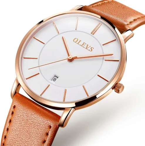 Vista 8 de OLEVS Reloj para hombre de lujo ligero de cuero impermeable con movimiento japonés para hombre con fecha calendario minimalista ultrafino clásico