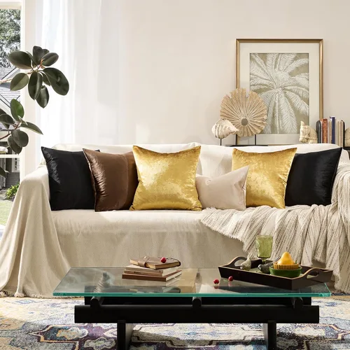 Vista 7 de GIGIZAZA Fundas de almohada decorativas de terciopelo dorado 20x20 para sofá cama, juego de 2 fundas de almohada suaves Almohadas para sofá, tela