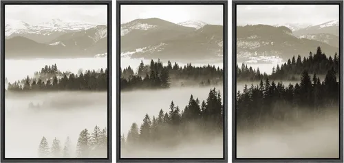 Vista 43 de SIGNWIN Lienzo enmarcado para pared, juego de decoración de guardería de bosques, niebla y niebla sobre bosque de montaña oscura, naturaleza, arte