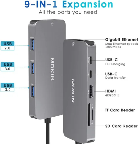 Vista 2 de Adaptadores USB C para MacBook Pro/Air, Mac Dongle con 3 puertos USB, USB C a HDMI, USB C a RJ45 Ethernet, MOKiN 9 en 1 USB C a HDMI, carga Pd