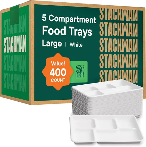 Vista 12 de [Estuche – Paquete de 500 unidades] Platos de papel 100% compostables con 5 compartimentos desechables – Bandeja de almuerzo escolar blanco natural