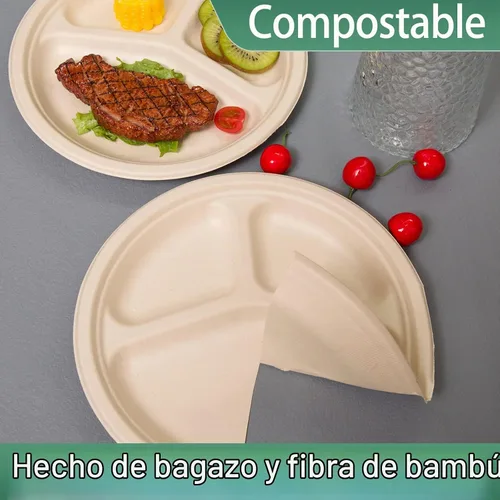 Vista 3 de Paquete de 150 platos de papel divididos redondos de 10 pulgadas, desechables, resistentes y ecológicos, platos seccionales compostables de bagazo