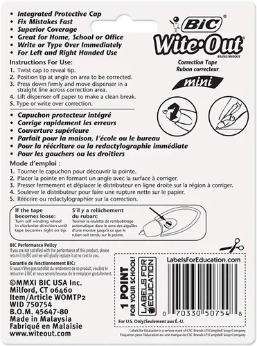 Vista 5 de BIC Wite-Out Corrector en cinta en miniatura, blanco, 2 unidades paquete de de 4