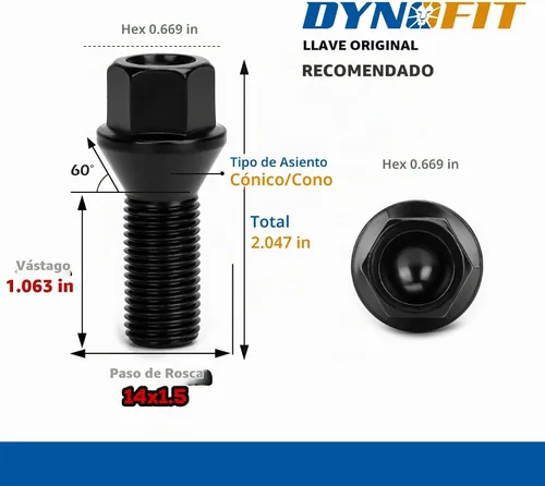 Vista 2 de Dynofit - Pernos de 14x1.5 compatibles con Audi, vástago de 27mm, 52mm de alto, pernos de rueda cónicos de asiento aftermarket para A1 A2 A3 A4 A8