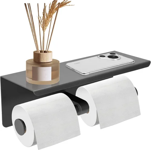 Vista 8 de Soporte doble de papel higiénico, soporte de papel de seda de acero inoxidable con estante, dispensador de papel higiénico antioxidante, montado