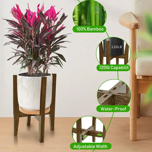 Vista 3 de Soporte para plantas de interior, soporte ajustable de bambú para plantas, estante moderno para macetas, estante para plantas, se adapta a macetas