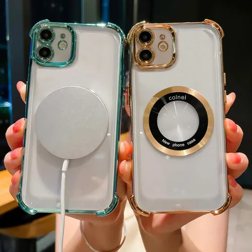 Vista 6 de Funda magnética transparente para iPhone 11, funda de lujo con cuatro esquinas brillantes, protección a prueba de golpes de grado militar