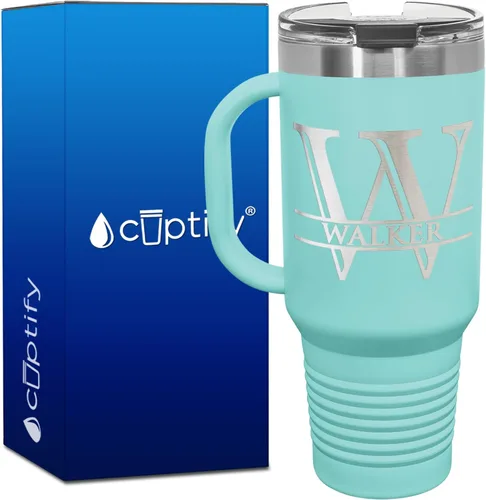 Vista 69 de Vaso personalizado de regalo de cumpleaños para mujeres y hombres, con monograma de escritura dividida, inicial y nombre grabado en negro, taza