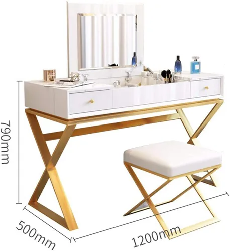 Vista 2 de Juego de tocador con espejo, tocador de maquillaje, 2 cajones, taburete y unidades de almacenamiento, tocador multifuncional para dormitorio