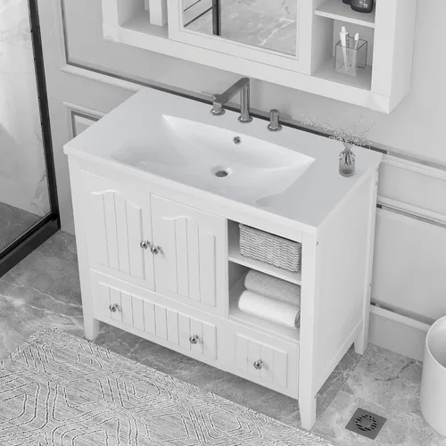 Vista 19 de Tocador de baño multifuncional de 30 pulgadas con lavabo individual, armario combinado de montaje inferior, marco de gabinete de baño de madera
