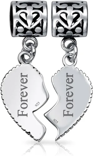 Vista 5 de Pulsera europea personalizada BFF SIS Little SIS de 2 piezas con dije de cuentas de corazón dividido para adolescentes, de plata de ley, Metal