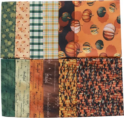 Vista 4 de COTTONVILL EMANON Collection - Tela de algodón con estampado de 20 unidades (12 cuartos + 1 panel completo, calabaza cosecha FAL)