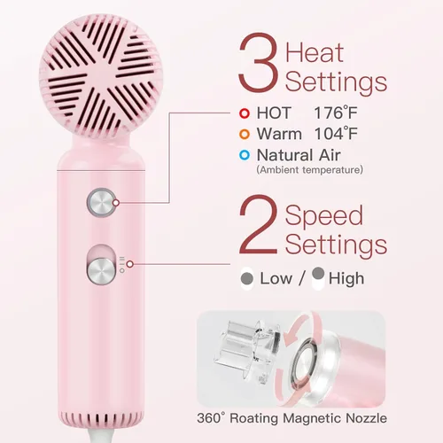 Vista 6 de Secador de cabello, [Super Mini] Secador soplador iónico de alta velocidad de 110V de viaje, 200 millones de iones negativos, motor sin escobillas