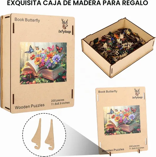 Vista 7 de Ixfyloop Rompecabezas de madera 200 piezas de libro de mariposa regalo de decoración de 8.8 x 11.8 pulgadas Libro Butterfly