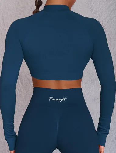 Vista 2 de FRESOUGHT Camiseta corta de manga larga para mujer, sin costuras, atlética, ropa deportiva, para gimnasio, yoga, correr, cuello alto falso