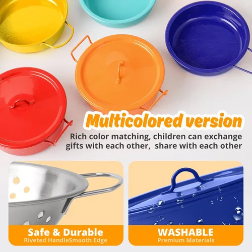 Vista 5 de Juego de accesorios de juguete de cocina para niños pequeños, juego de cocina para niñas y niños, incluye ollas y sartenes coloridas (azul)