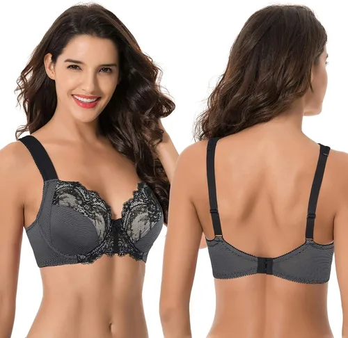 Vista 6 de Curve Muse Brasier de encaje con aros sin forro para mujer, talla grande, con correas de cojín, 2 unidades, Variado