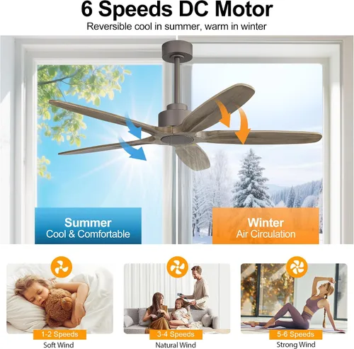Vista 5 de WINGBO Ventilador de techo de 54 pulgadas sin luz, 5 aspas de madera maciza tallada, motor CC reversible de 6 velocidades, ventilador de techo