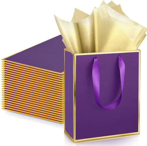 Vista 25 de Yeaqee Paquete de 24 bolsas de regalo de papel metálico con asa y tejido de 9 x 7 x 3.1 pulgadas, papel de aluminio dorado, bolsas de agradecimiento