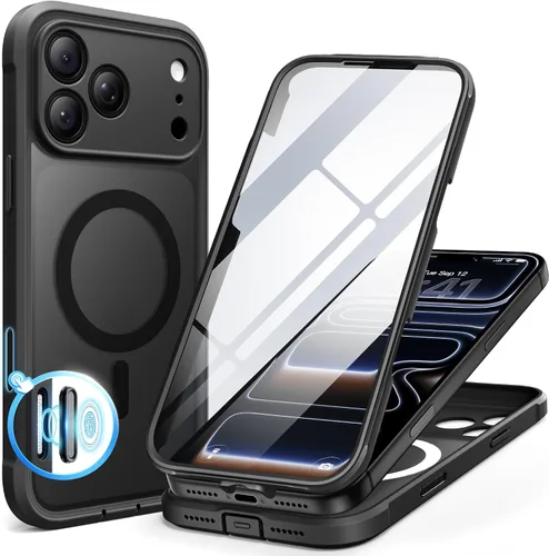 Vista 102 de BERFY Funda para iPhone 17 Pro Max, compatible con MagSafe, protector de pantalla de vidrio integrado, protección de cámara, funda de cuerpo