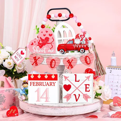 Vista 8 de 10 piezas de decoración de bandeja escalonada de gnomo de San Valentín (bandeja no incluida), en forma de corazón de madera de San Valentín