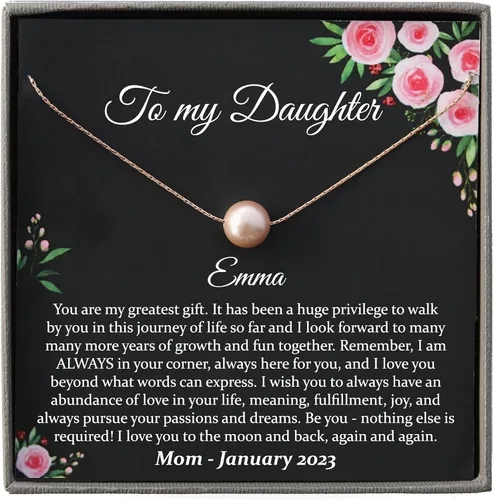 Vista 47 de Collar de hija relleno de oro de mamá o papá, collar clásico de perlas blancas con mensaje significativo, listo para regalar