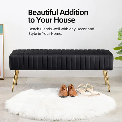 Vista 5 de Furniliving Banco de 44 Pulgadas para Dormitorio, Bancos Otomanos Tapizados con Tela Rayada y Tufting con Patas de Metal en Forma de X para Sala