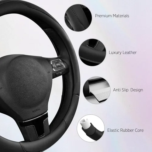 Vista 4 de Road Comforts Funda para volante, de piel antideslizante y transpirable, ajuste universal de 14.5 a 15 pulgadas, agarre cómodo, color negro