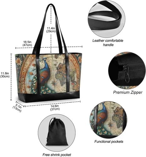 Vista 4 de Vintage Peacock patrón simple mujer trabajo tote bolsa con cremallera bolsa 14 pulgadas para mujeres trabajo con bolso para laptop mujer