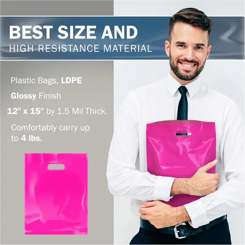 Vista 3 de PPB - Bolsas de plástico rosa para mercancía de 12 x 15 pulgadas, acabado brillante, tamaño mediano al por menor, paquete de 100 unidades, 1.5 mil