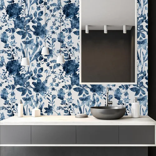 Vista 7 de Papel tapiz vintage azul floral para despegar y pegar, papel de contacto de hojas de ramas, impermeable, extraíble, fácil de despegar, 17.71 x 118.1
