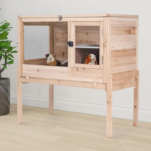 Vista 8 de Aivituvin Jaula para conejillos de indias de interior de 2 pisos con soporte, jaula de madera para conejitos con rampa a prueba de masticación