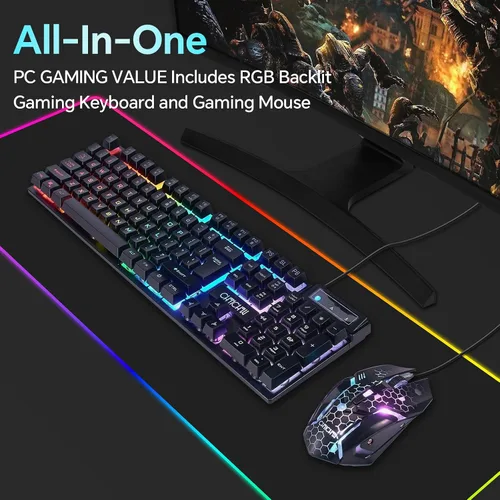 Vista 2 de CHONCHOW - Combo de Teclado y Ratón para Juegos, USB con Cable RGB Retroiluminado, Teclado Mecánico con Sensibilidad Anti-ghosting 3200DPI y Ratón