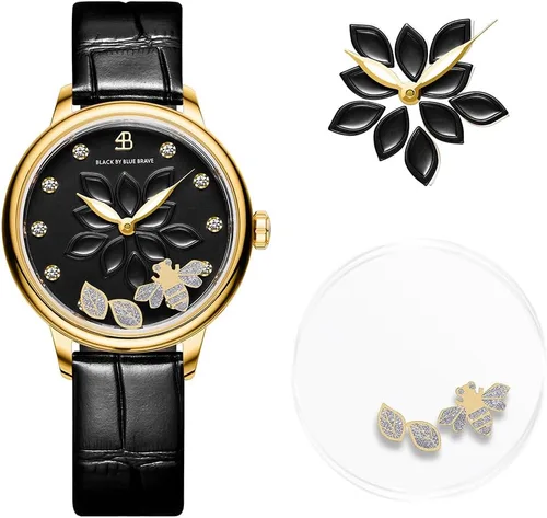 Vista 7 de Reloj para mujer Bee Watches para mujeres con abejas en movimiento entre doble cristal de zafiro con correa de cuero genuino, manecillas luminosas