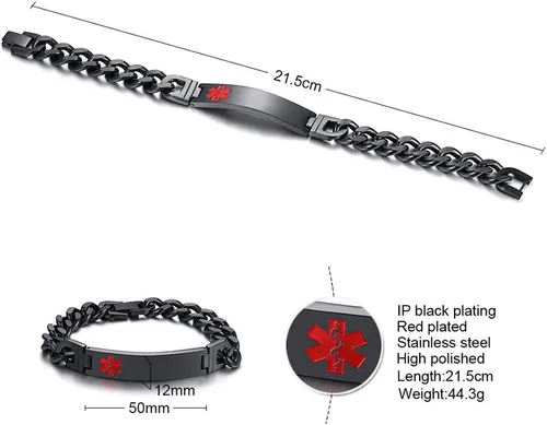 Vista 2 de VNOX Pulsera de identificación de alerta médica con grabado gratuito para hombres y mujeres, etiqueta médica, cadena de eslabones de acero inoxidable