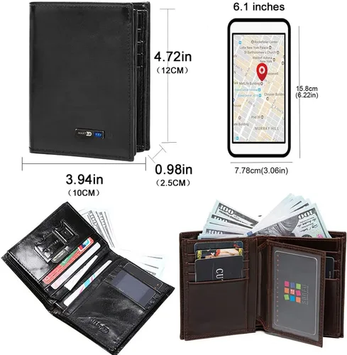 Vista 6 de Anti-perdida Bluetooth Carteras Tracker Billetera Posición Registro Vía Teléfono GPS Carteras Para Hombre Billeteras Bifold Cuero, B-Negro-2