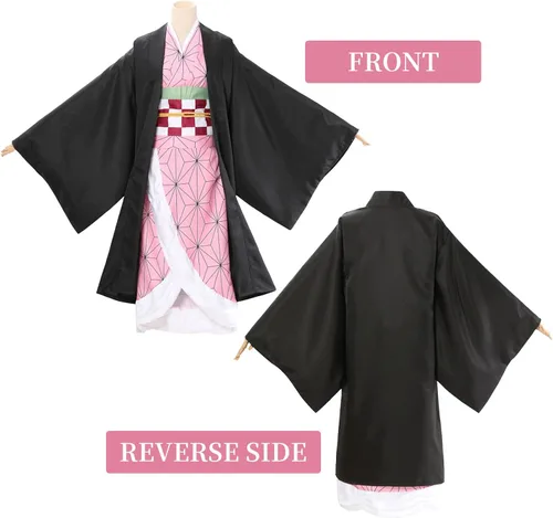 Vista 3 de Disfraz de cosplay, bata negra, kimono rosa, traje para hermana, bata negra, uniforme rosa con trajes completos de anime, conjunto de abrigo
