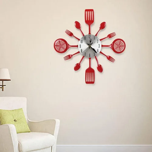 Vista 3 de Herich - Reloj de pared de cocina de 16 pulgadas con cucharas y tenedores, reloj de pared 3D para decoración del hogar (rojo)