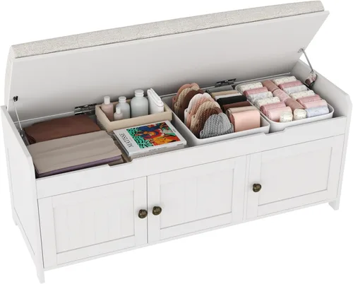Vista 14 de HOMEFORT Banco para Zapatos de 30" con Almacenamiento de Tapa Elevable, Banco de Entrada con Asiento Acolchado, Banco de Madera para Pie de Cama